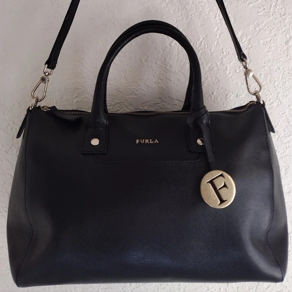 Furla Linda Medium Leather Black And Gold Satchel Bag